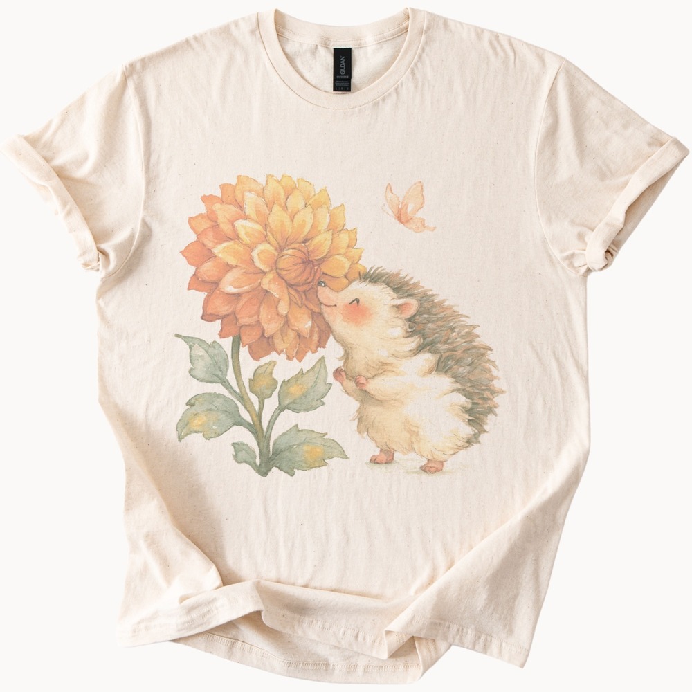Spiky Friend and Dahlia Flower Graphic Tee Watercolor Art